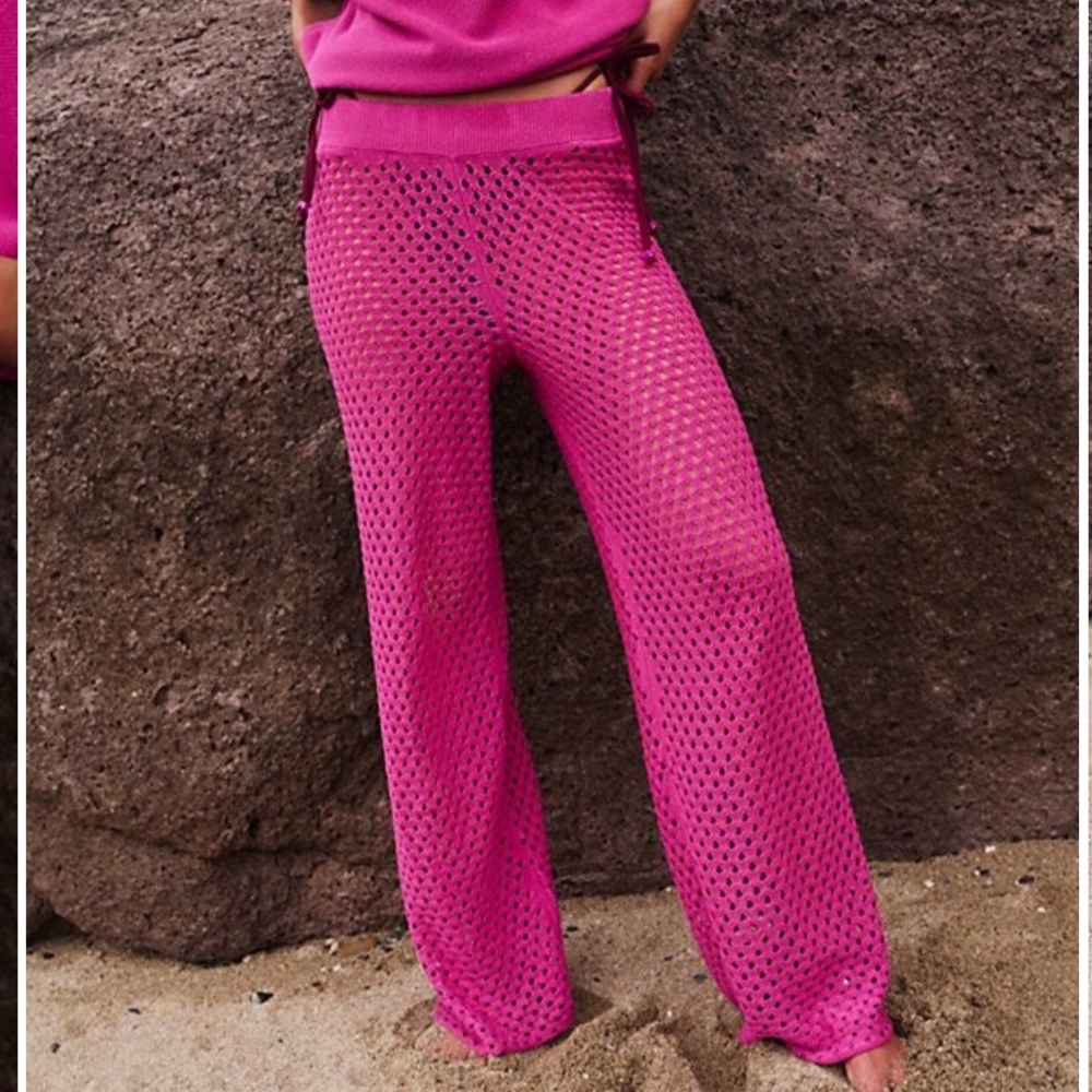 Free People Women’s XS Beach Pants Pink Crochet Wide Leg Boho Resortwear